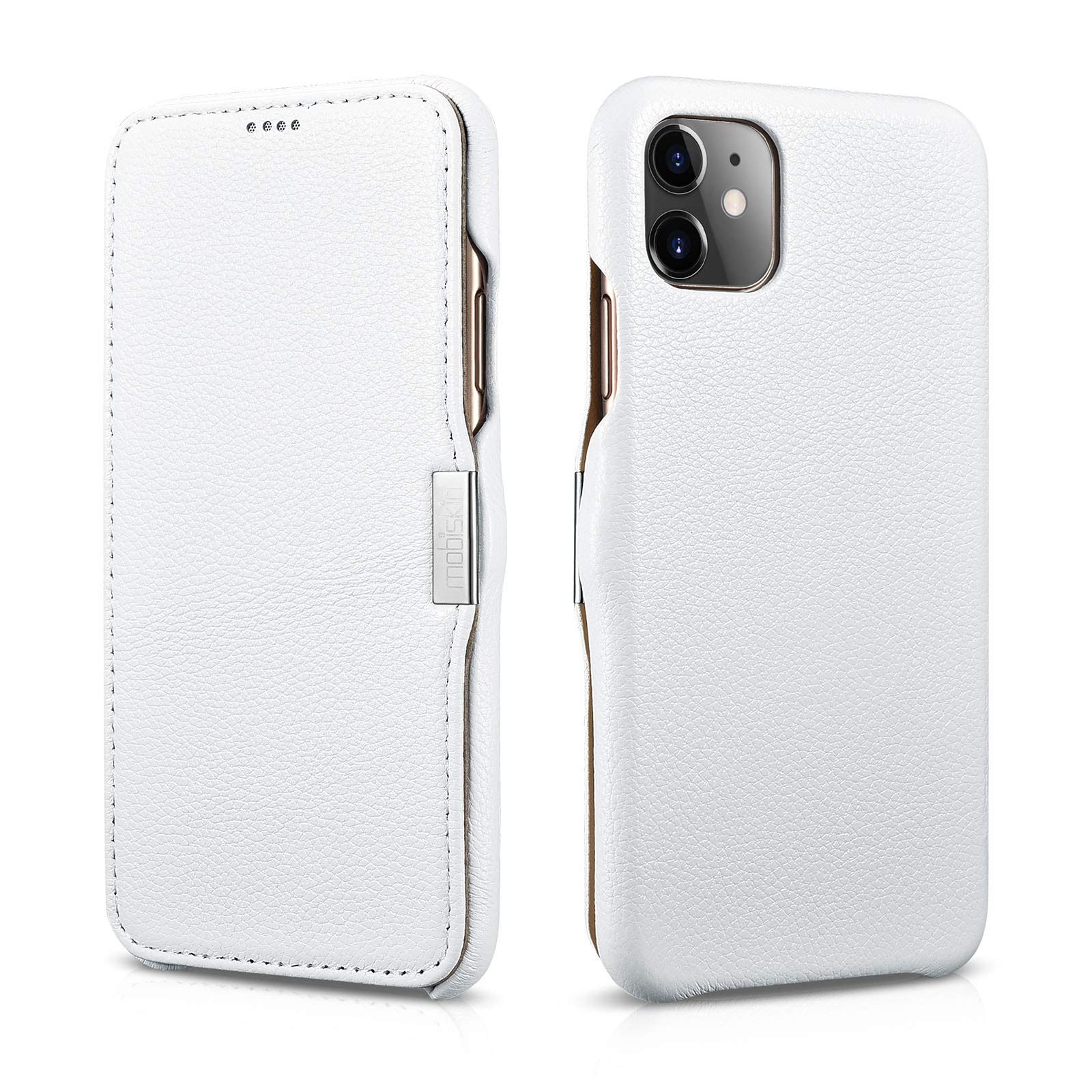 Mobiskin case compatible with Apple iPhone 11 (6.1 inch), cover with genuine leather, book-style protective phone case, ultra-slim folio, thin wallet, white