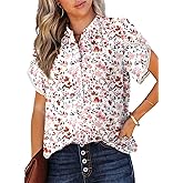 Dokotoo Women's Casual V Neck Floral Print Smocked Short Cap Sleeve Button Down Chiffon Blouses Pleated Top Shirts
