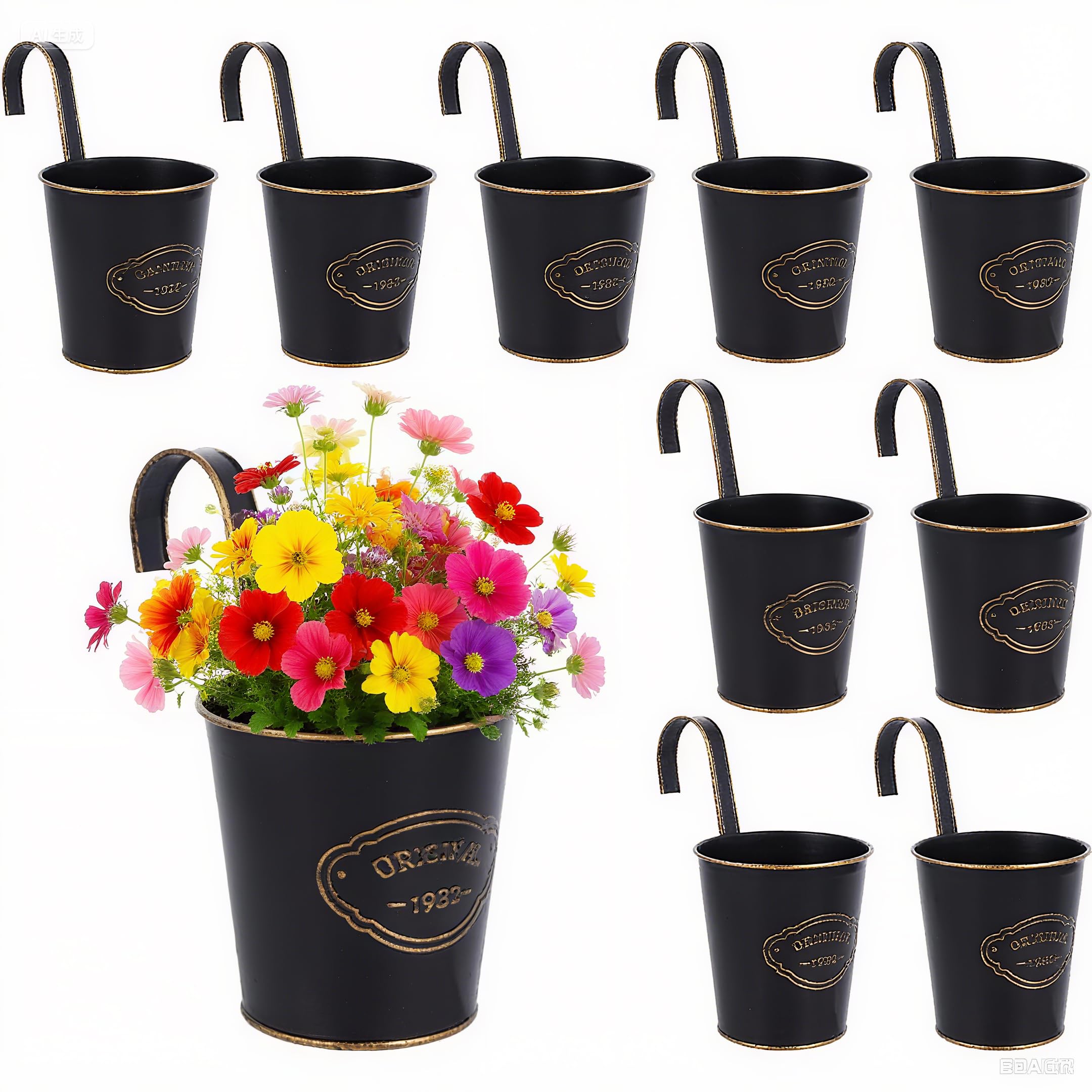 eROOSY 10PCS Metal Hanging Flower Pots with Detachable Hook, Balcony Flower Bucket Wall Planter Garden Planters, Metal Hanging Flower Pots With Drainage Hole for Balcony Fence Home Decor