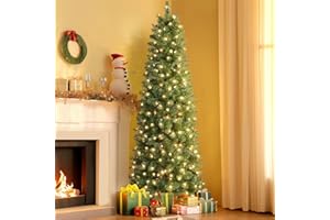 SHareconn 6ft Prelit Artificial Hinged Slim Pencil Christmas Tree with Warm White Lights, Full Branch Tips, Good Choice Decor