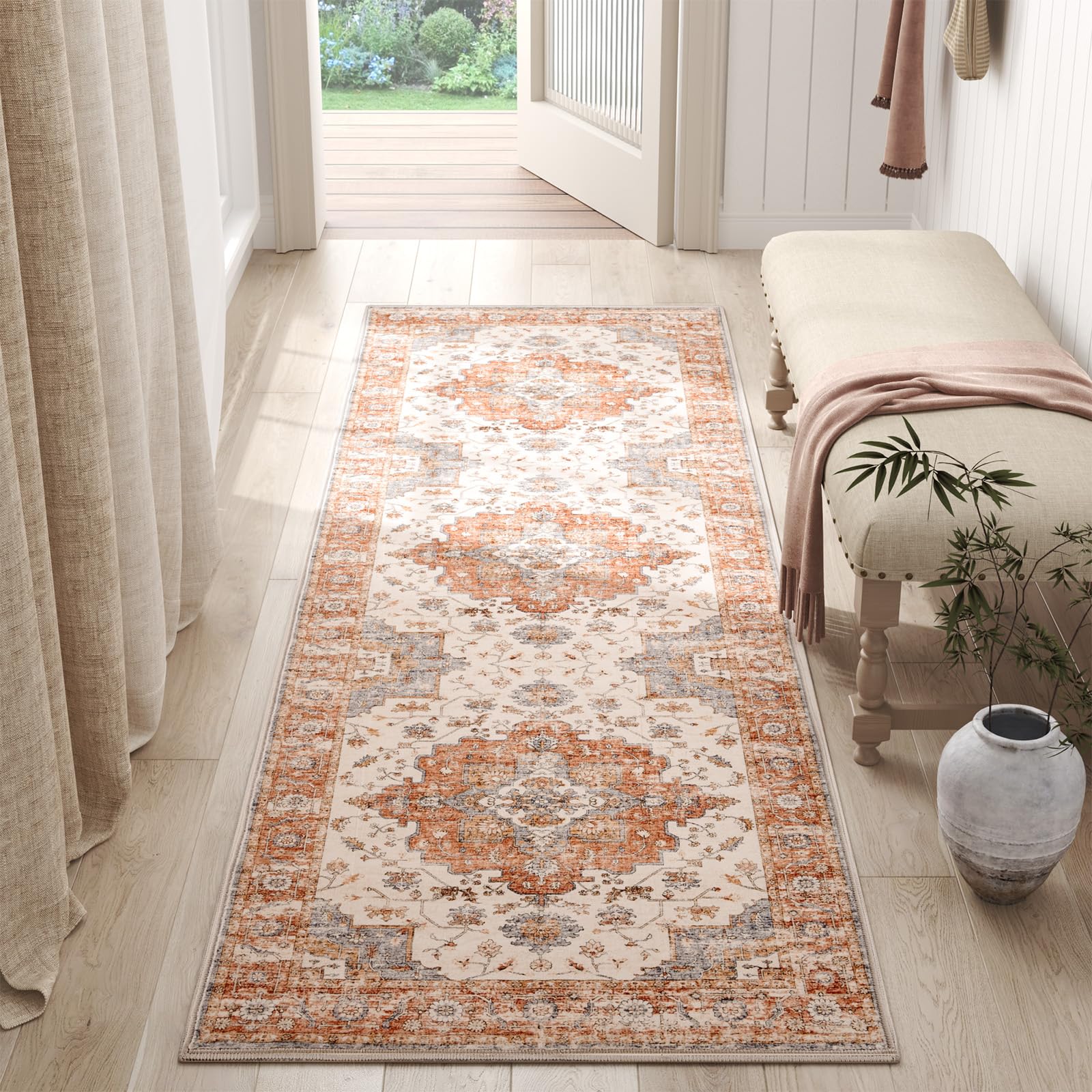 Photo 1 of jinchan Runner Rug 3x10 Vintage Hallway Runner Boho Washable Rug Floral Medallion Retro Non Slip Classic Thin Soft Carpet for Kitchen Bedroom Bathroom Laundry Room Doorway Brick Red