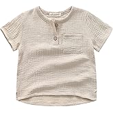 Ashmyova Boys Cotton Linen Shirt Toddler Boys Pocket Button Short Sleeve T Shirt Tees Tops