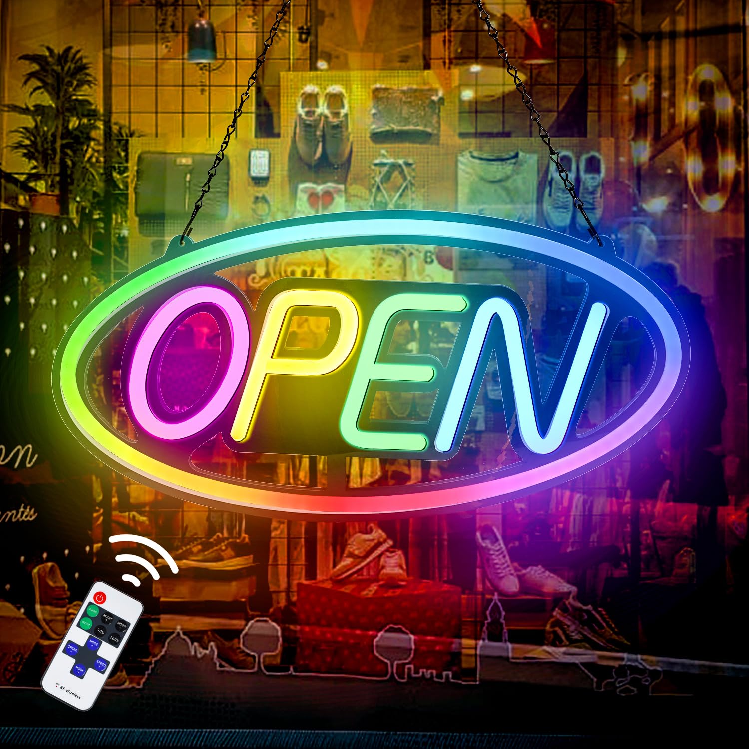 Photo 1 of 22" X 11" LED Neon Open Sign for Businesses – Ultra-Bright, Remote Control, Color Changing & Scrolling Modes | Adjustable Brightness/Speed | Energy-Efficient Light-Up Sign