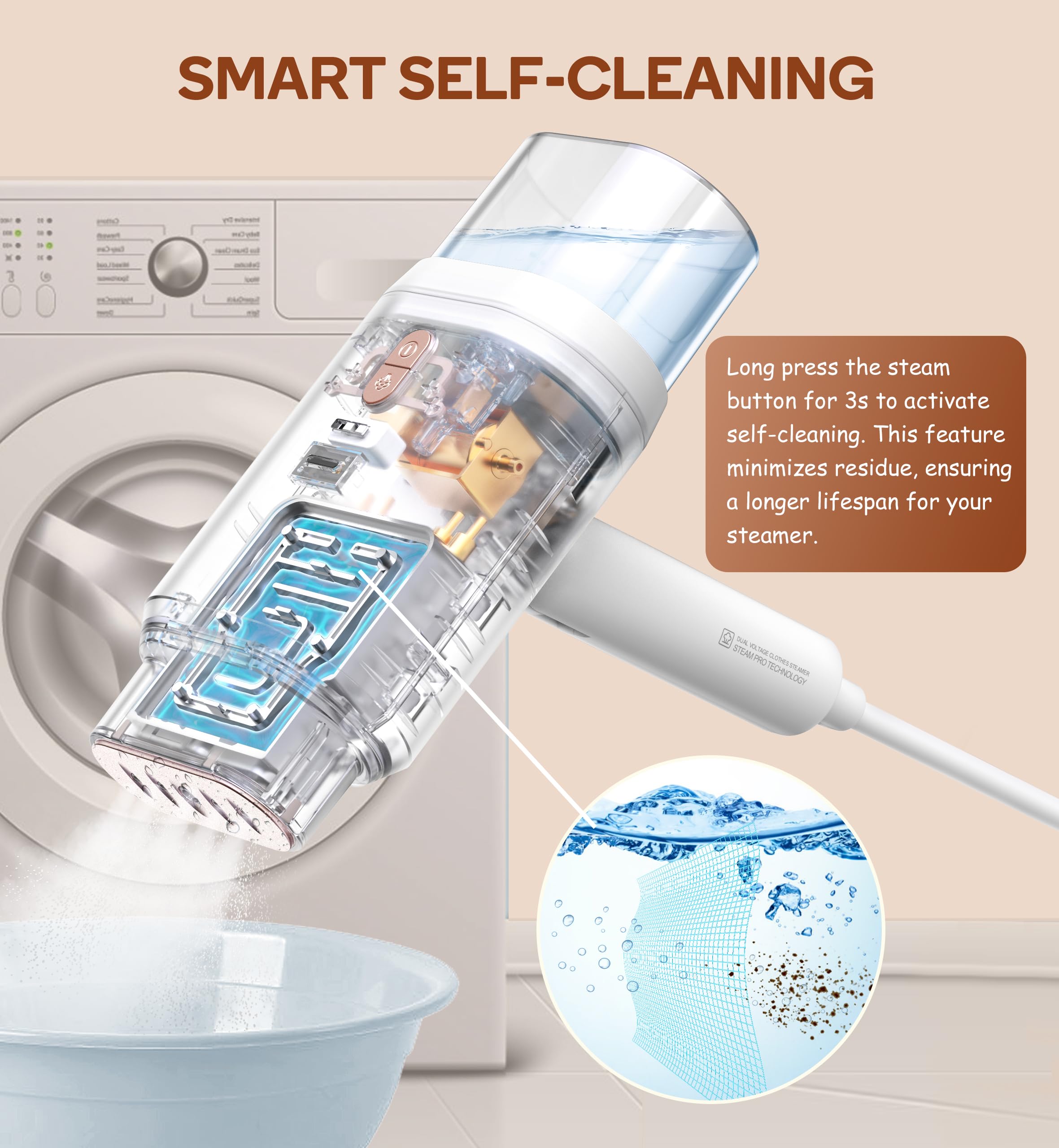 Newbealer Dual Voltage Garment Steamer - 120V/220V, 1200W Powerful Steamer for Clothes, Home & Travel Use, Horizontal & Vertical Steaming, 20s Heat-up, Foldable, 1.72lbs, 180ml (Gold)