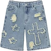 Verdusa Boy's Y2K Star Cross Graphic Denim Shorts Ripped Straight Leg Bermuda Jean Shorts