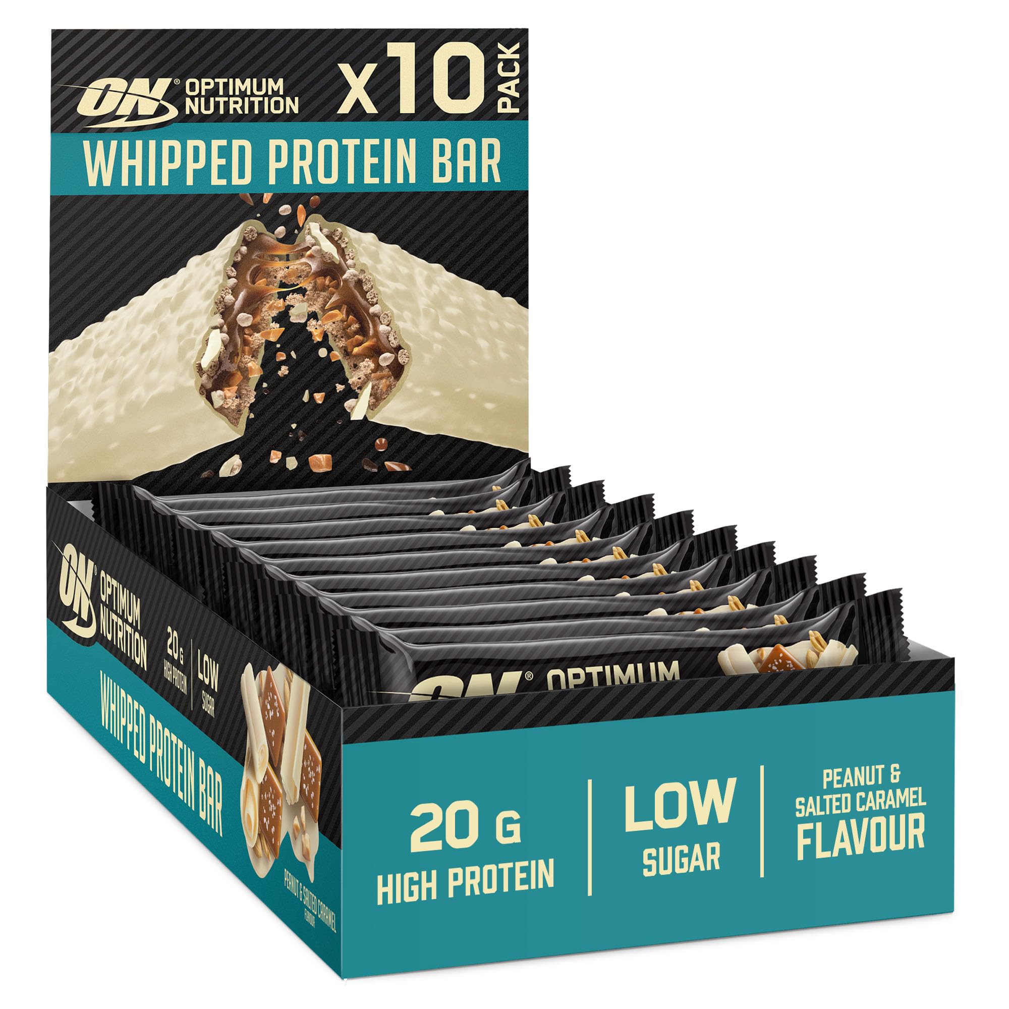Optimum Nutrition ON Whipped Bar, High Protein Snack with White Chocolate Flavour Coating, Low Sugar Protein Bar, Peanut & Salted Caramel, 10 x 68g Pack