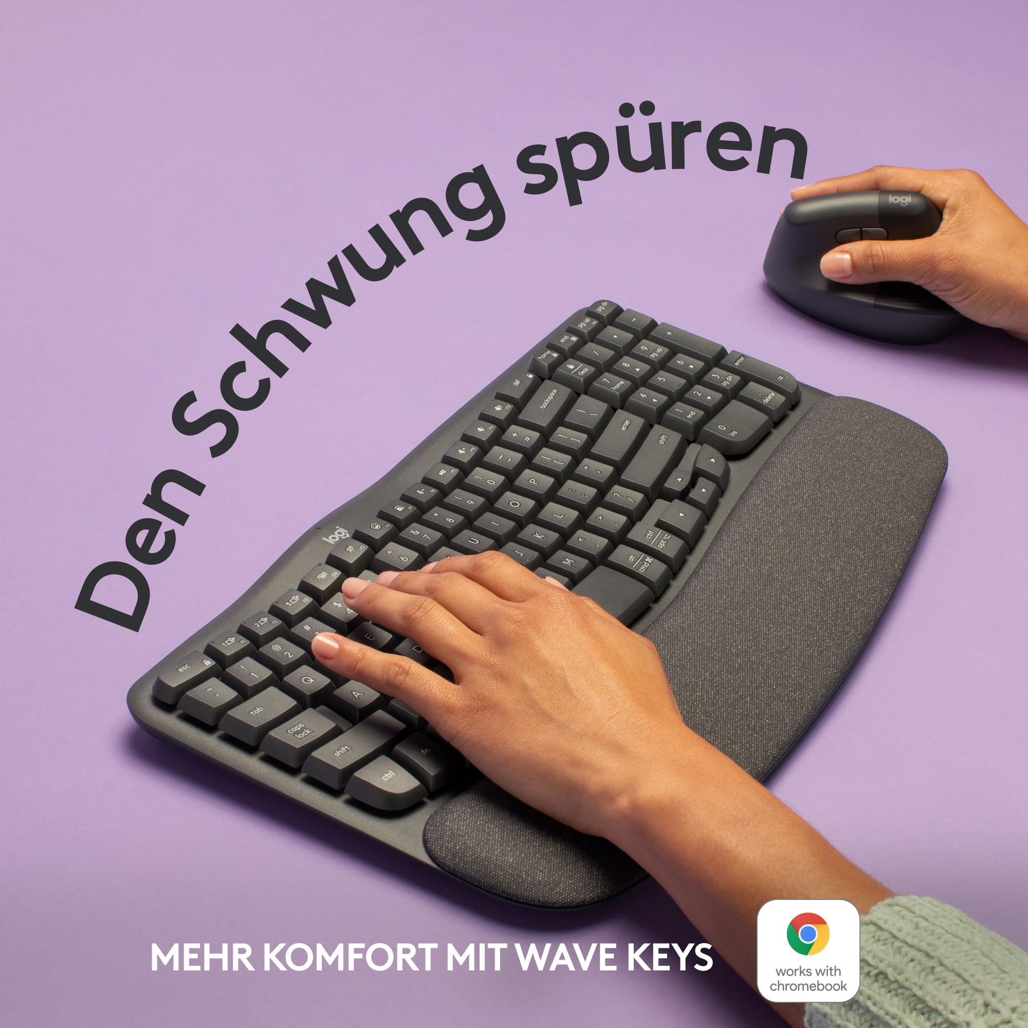 Logitech Wave Keys kabellose ergonomische Tastatur, gepolsterte Handballenauflage, Komfortables natürliches Tippen, Easy-Switch, Bluetooth, Logi Bolt, Multi-OS, Windows/Mac, Deutsches QWERTZ, Graphit 2