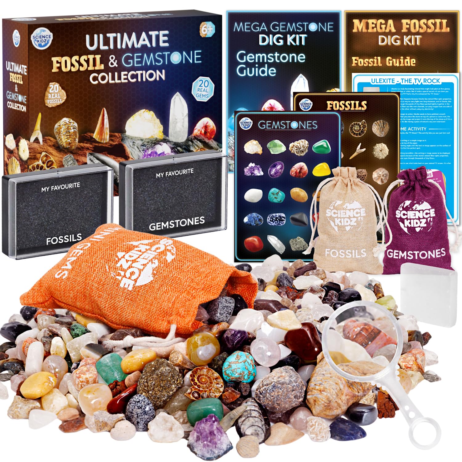 Science Kidz Ultimate Rock Collection Kit - Over 150 Crystals, Gemstones, Fossils, Minerals for Kids - Earth Science Gem Stones Kit - Geology Nature Gifts for Boys & Girls Plus Bonus Amazing TV Rock