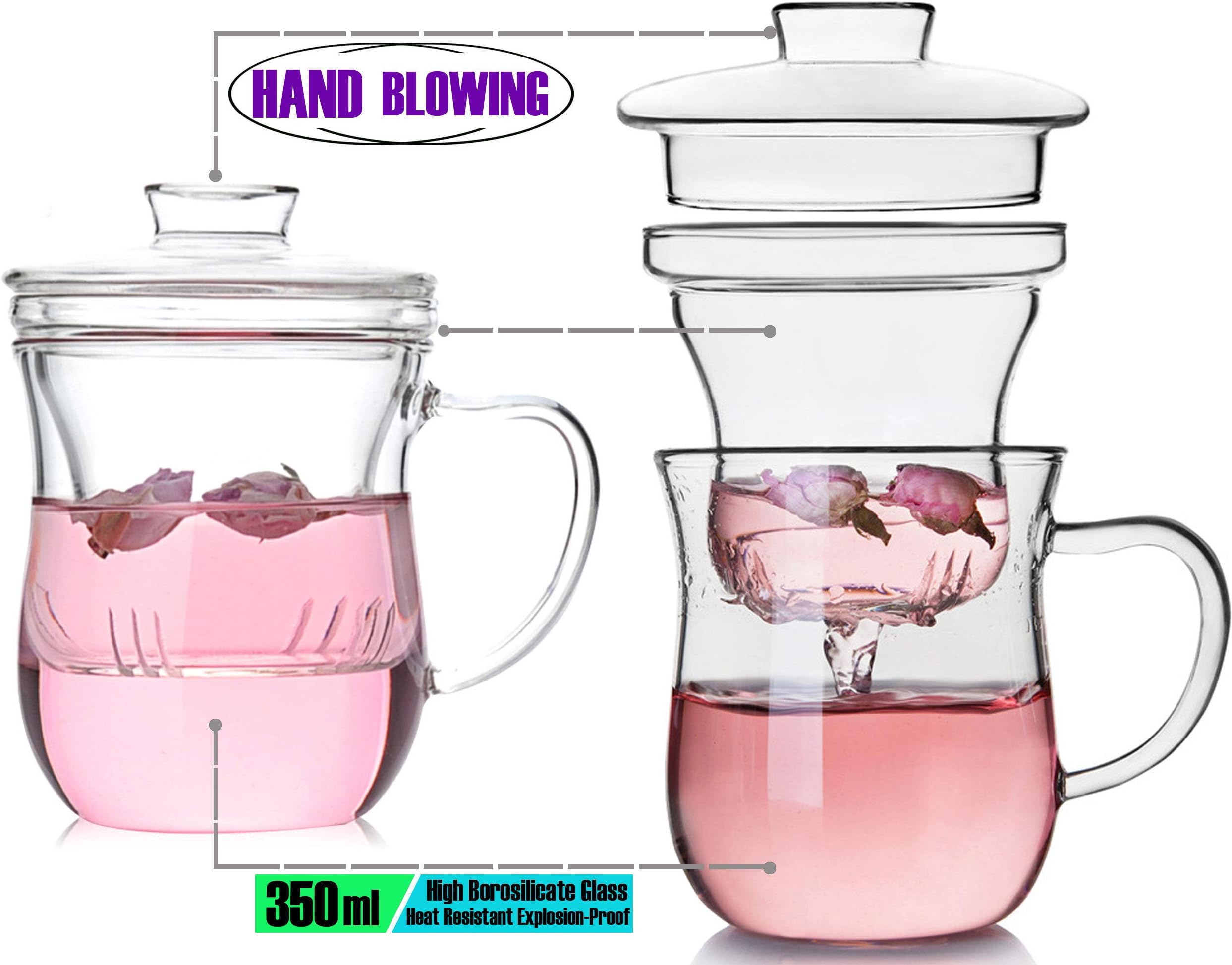 Hand Blown 12 Oz High Borosilicate Glass Teacup & Infuser Set - Loose Leaf Tea Brewing System with Glass Teapot, Cup & Lid