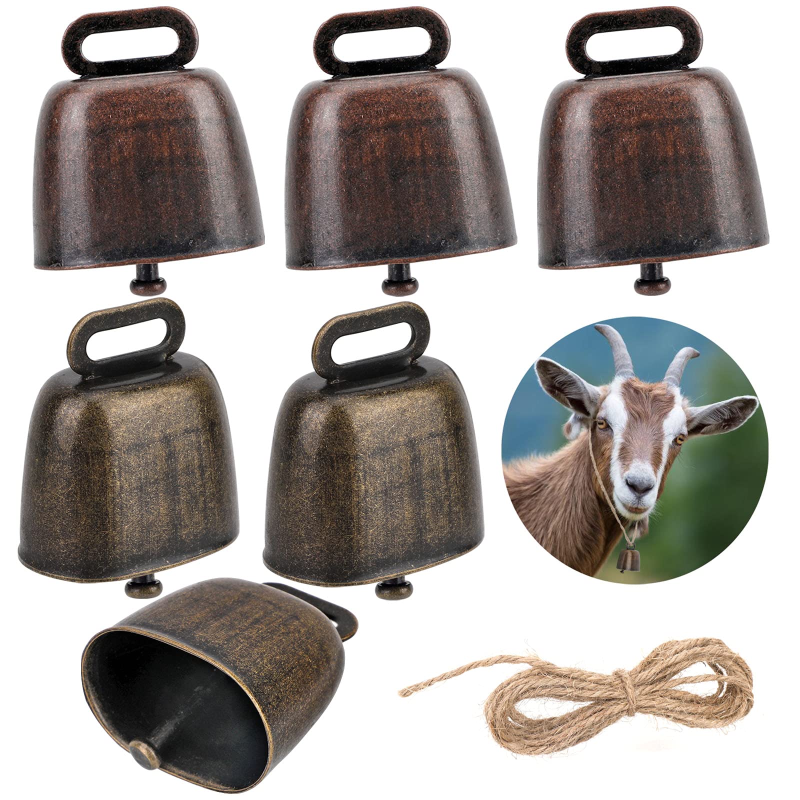 6 Pcs Cow Horse Sheep Grazing Copper Bells, Loud Bronze Bell Metal Red bronze Cow Bells, Cattle Farm Animal Copper, for Cattle goat Animal Farm Anti-Theft Accessories, Bring Two Meters of Rope