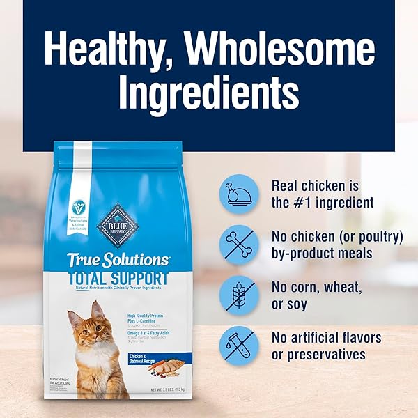 BLUE BUFFALO TRUE SOLUTIONS TOTAL SUPPORT NATURAL DRY CAT FOOD FOR ADULT CATS, CHICKEN, 3.5-LB. BAG