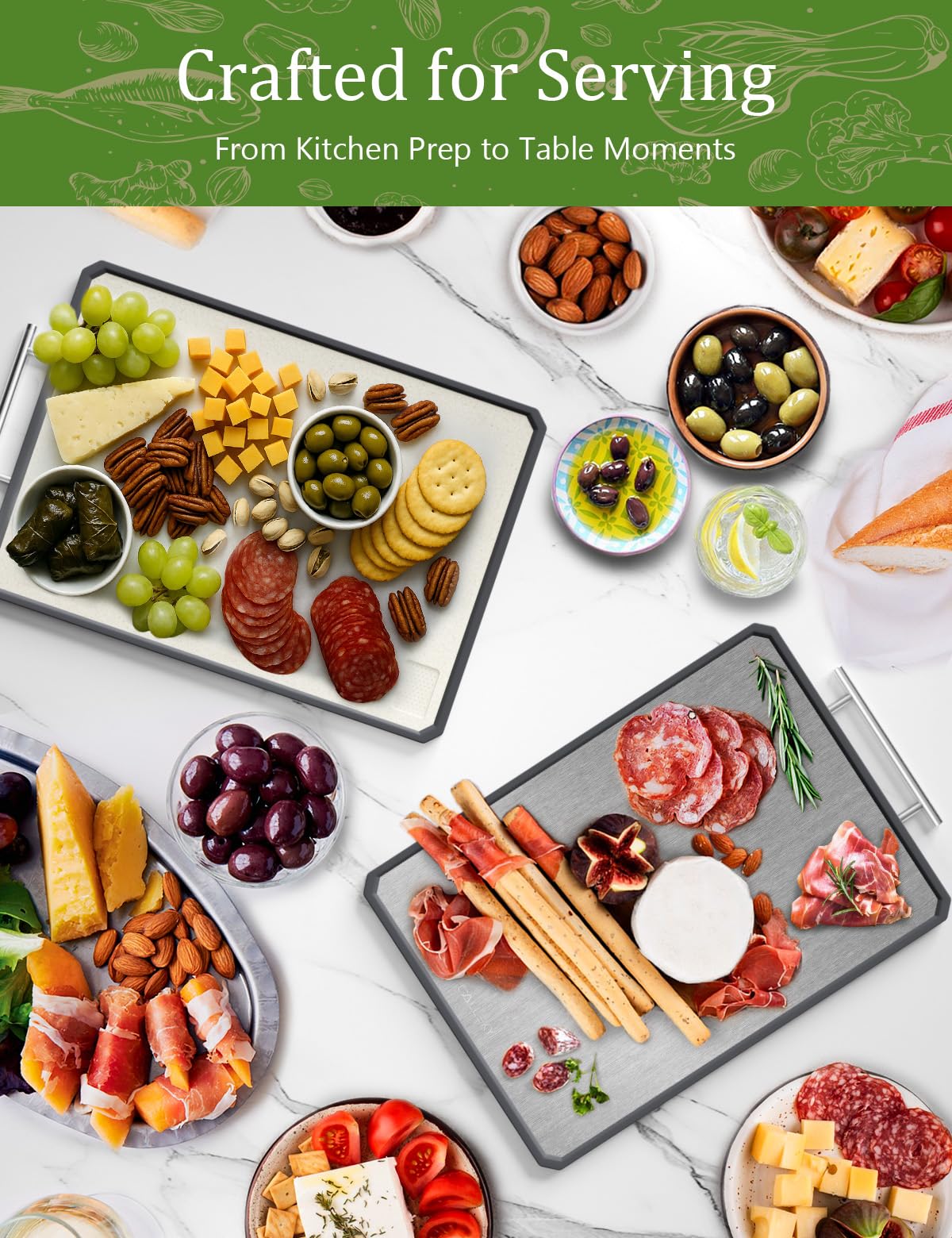 Titanium Cutting Boards for Kitchen, 2 in 1 Non Toxic Cutting Board, Food-Grade Double Sided Pure Titanium & Wheat Straw PP Chopping Board for Meat/Vegetables, Dishwasher Safe Large 16.3”×11-1 PC