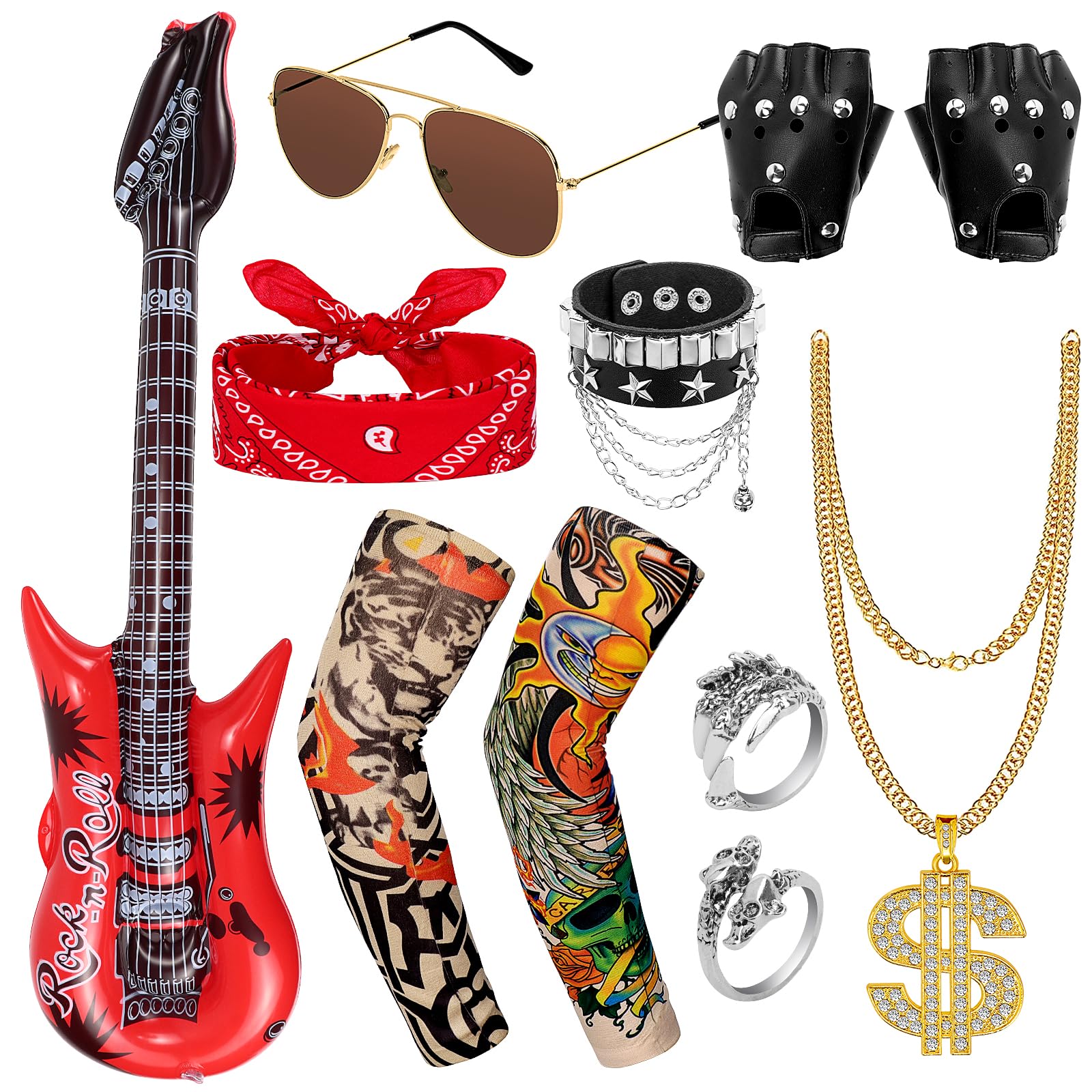 Dreamtop 11Pcs Rockstar Fancy Dress Rockstar Costume Rock Star Accessories Punk Accessories Rocker Costume Set for Adult Women Men 80s Party Carnival