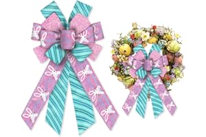 ALIBBON Large Easter Bows for Wreaths, Easter Wreath Bows, Easter Bunny Bows for Front Door, Easter Decor, Glitter Pink Blue Stripe Bows for Spring Wreath Indoor Outdoor Decoration