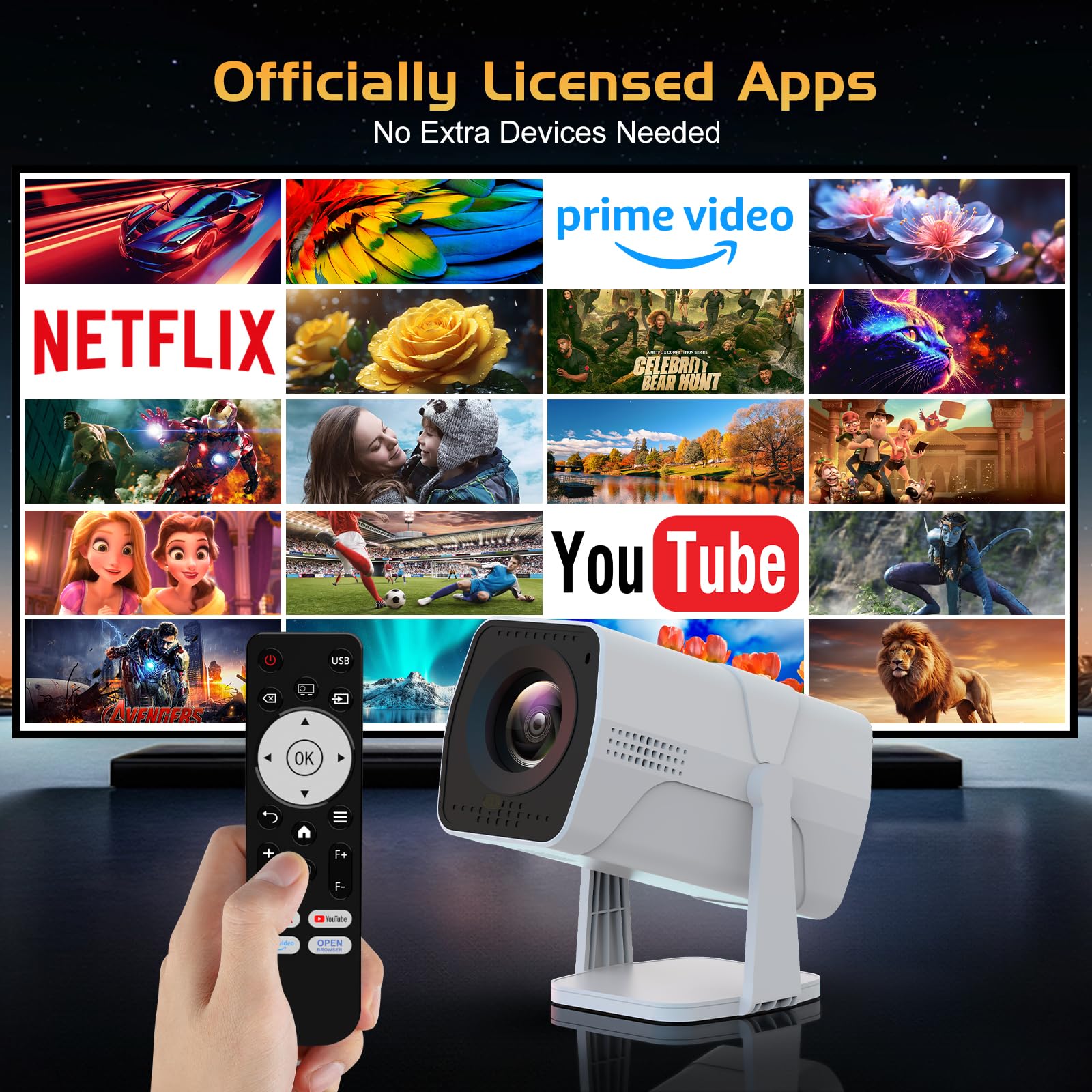 【Netflix Officially Licensed】TMY Projector with Built in Apps, 1080P Movie Projector with WiFi and Bluetooth, Electric Focus & Auto Keystone, 270° Rotatable Outdoor Projector for Phone/PC/HDMI/USB
