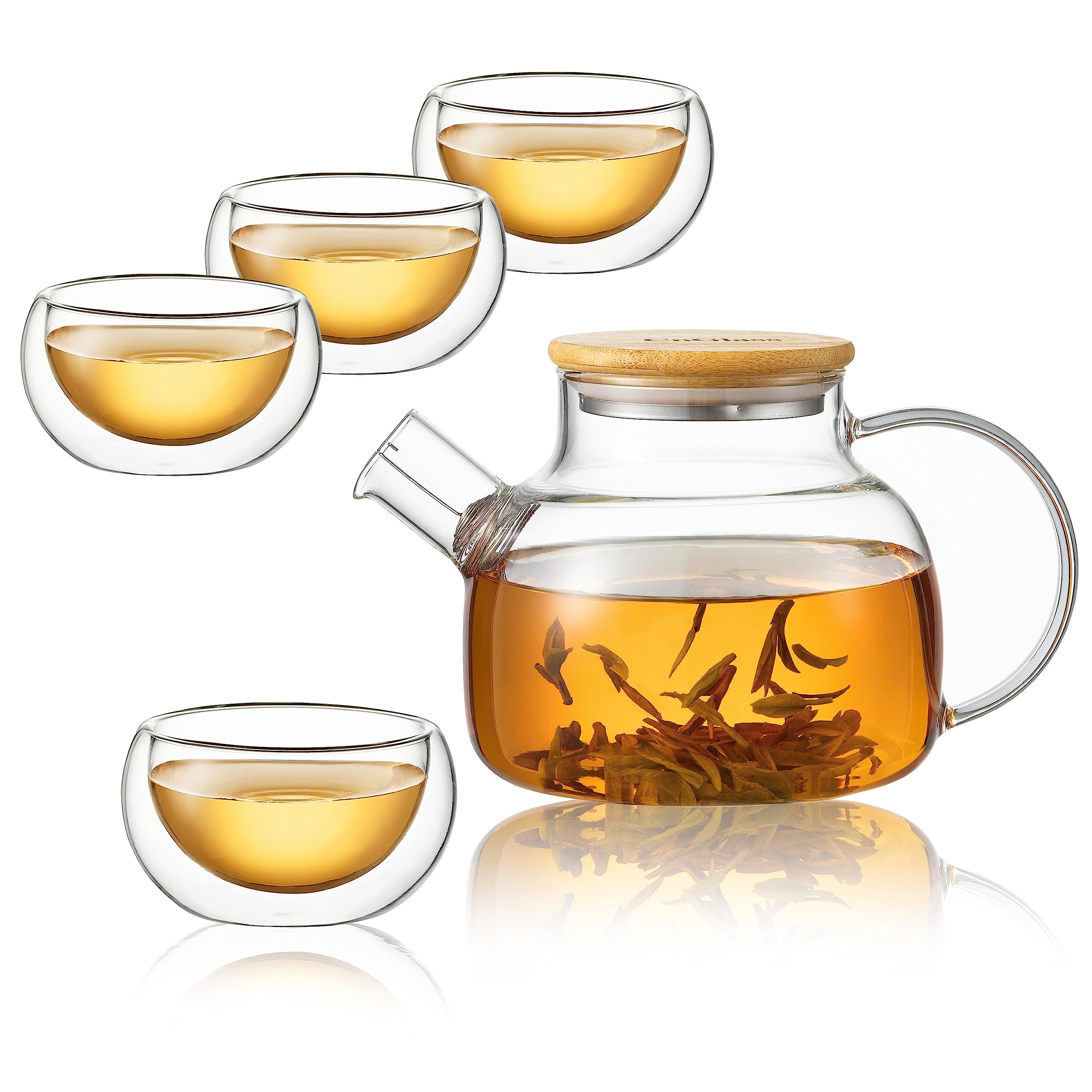 CNGLASS 900ml/30.4oz Glass Teapot Stovetop Safe with 100ml/3.4oz(4-Pack) Double Walled Glass Teacups,Tea Maker Gift Set for Loose Leaf and Blooming Tea