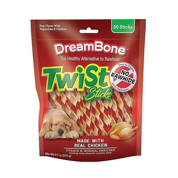 DREAMBONE TWIST STICKS CHEWS FOR DOGS, 50 COUNT, TREAT YOUR DOG TO EASY-TO-DIGEST RAWHIDE-FREE CHEWS MADE WITH REAL VEGETABLES AND CHICKEN