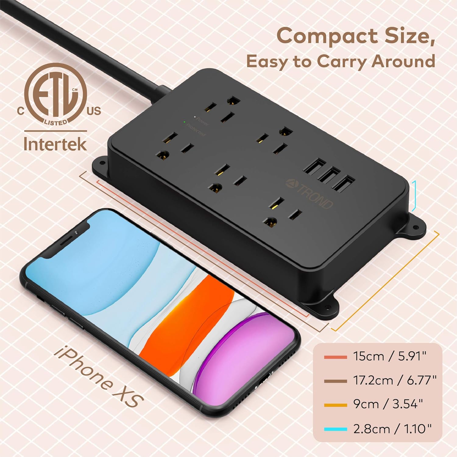 Power Strip with USB, TROND Surge Protector Flat Plug with 5 Widely-Spaced Outlets, ETL Listed, 1300 Joules, Wall Mountable 5ft Extension Cord, for Kitchen Garage Laundry Room Behind TV, Black: Electronics