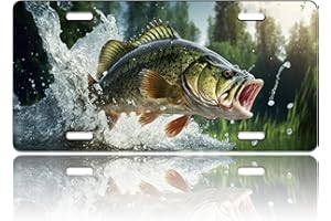 TINALUIN Bass Fish License Plate Jumping Out of The Water Stainless Steel Front License Plate Vanity Tag Funny for Car Decorative Accessories for Women Men 6 X 12 Inch with 4 Holes