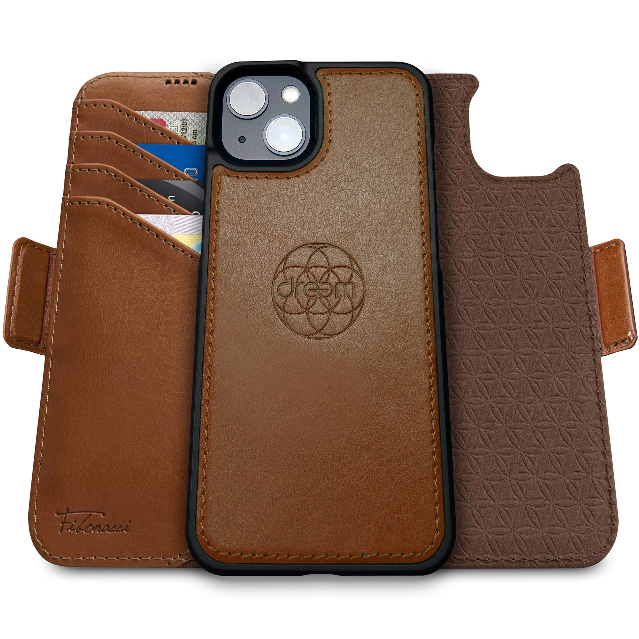 dreem Wallet Case for iPhone 15 Plus, Revolutionary Vert/Hor Phone Stand, Magnetic Detachable Vegan Leather Flip Cover RFID Blocking Card Holder, MagSafe-Fit, Gift Box [Fibonacci: Chocolate] — image 1