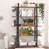 BATHWA Wood and Metal Minimalist 5 Tier Bookshelf, 6 feet Tall Open Rustic Wide Bookcase Industrial Style, Modern Wooden Big Book Shelf for Home Living Room Bedroom Office Storage, Rustic Brown