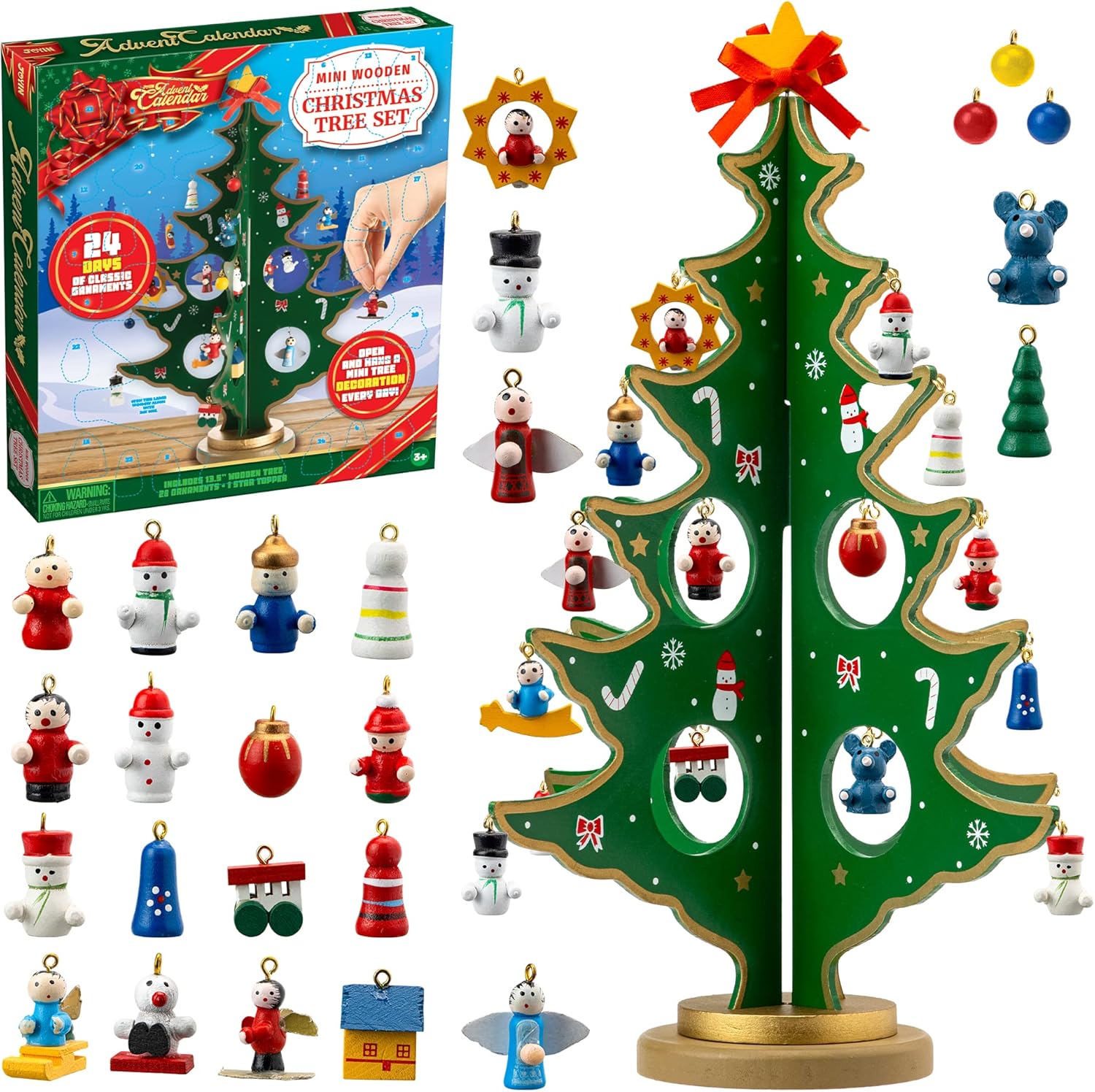 Advent Calendars - JOYIN Christmas 24 Days Countdown Advent Calendar with a Tabletop Wooden Christmas Tree and 28 Ornaments Snowman Santa Decorations for Boys, Girls and Kids Party Favors, Classroom Prizes, Xmas Gift
