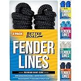 Boat Fender Lines, 3/8 Inch Double Braided Nylon Rope, 6 Ft with Loop, 2 Pack, Black, for Buoy, Jet Ski Mooring, Docking & Small Boat Bumpers
