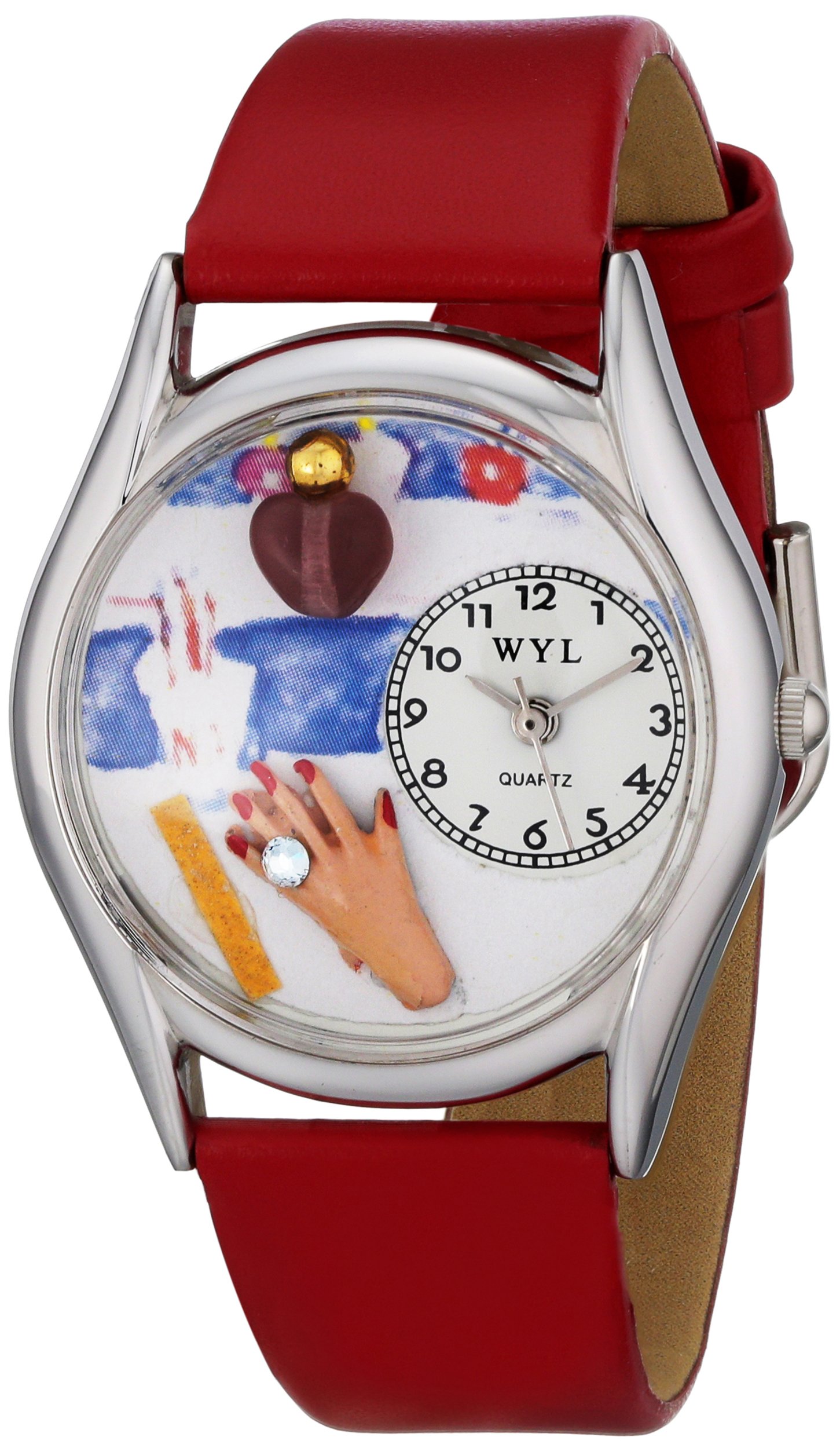 Whimsical Watches Nail Tech Red Leather and Silvertone Unisex Quartz Watch with White Dial Analogue Display and Multicolour Leather Strap S-0630003