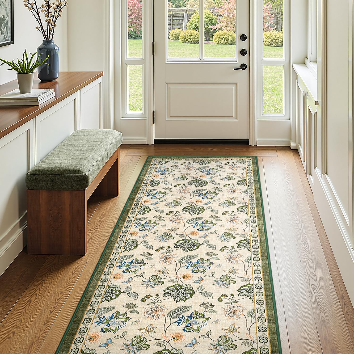 jinchan Elora 3x8 Floral Runner Rug for Hallway Washable Kitchen Runner Vintage Romance Design Non Slip Thin Indoor Floor Cover Low-Profile Throw Carpet for Entryway Bathroom Bedroom, Green/Beige