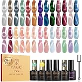 ROSALIND 30pcs CatEye Gel Nail Polish Set with Gel Base Top Coat and magnet | 26 Colors Glitter Cat Eye Gel Nail Polish with Magnet ,Glossy Matte Glitter Top Coat,Base Coat,Soak Off Gel Gift for Women