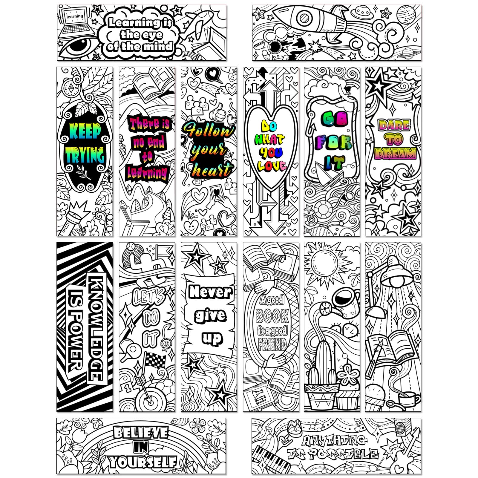 MWOOT 32 Pcs Color Your Own Book Marks DIY Coloring Bookmarks,Double-Sided Paper Inspirational Page Markers for Kids Students Reading,Funny Page Clips for Game Prize School Gift(16 Designs,15x5cm)