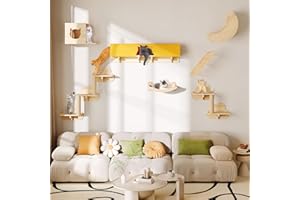 Homiflex Cat Wall Shelves and Perches, Solid Wood Wall Mounted Cat Furniture, Set of 13 Cat Climbing Shelves with Moon Hammock, House, Wall Ladder, Scratching Post and Cat Tunnel