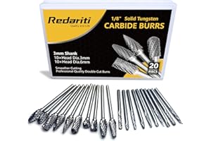 Redariti Carbide Rotary Burrs Set 1/8" Shank (3mm) 20PC, Double Cut Compatible with Dremel Accessories for Woodworking，Suitable for Fine Objects, Making Engraving Work More Excellent and Simple.