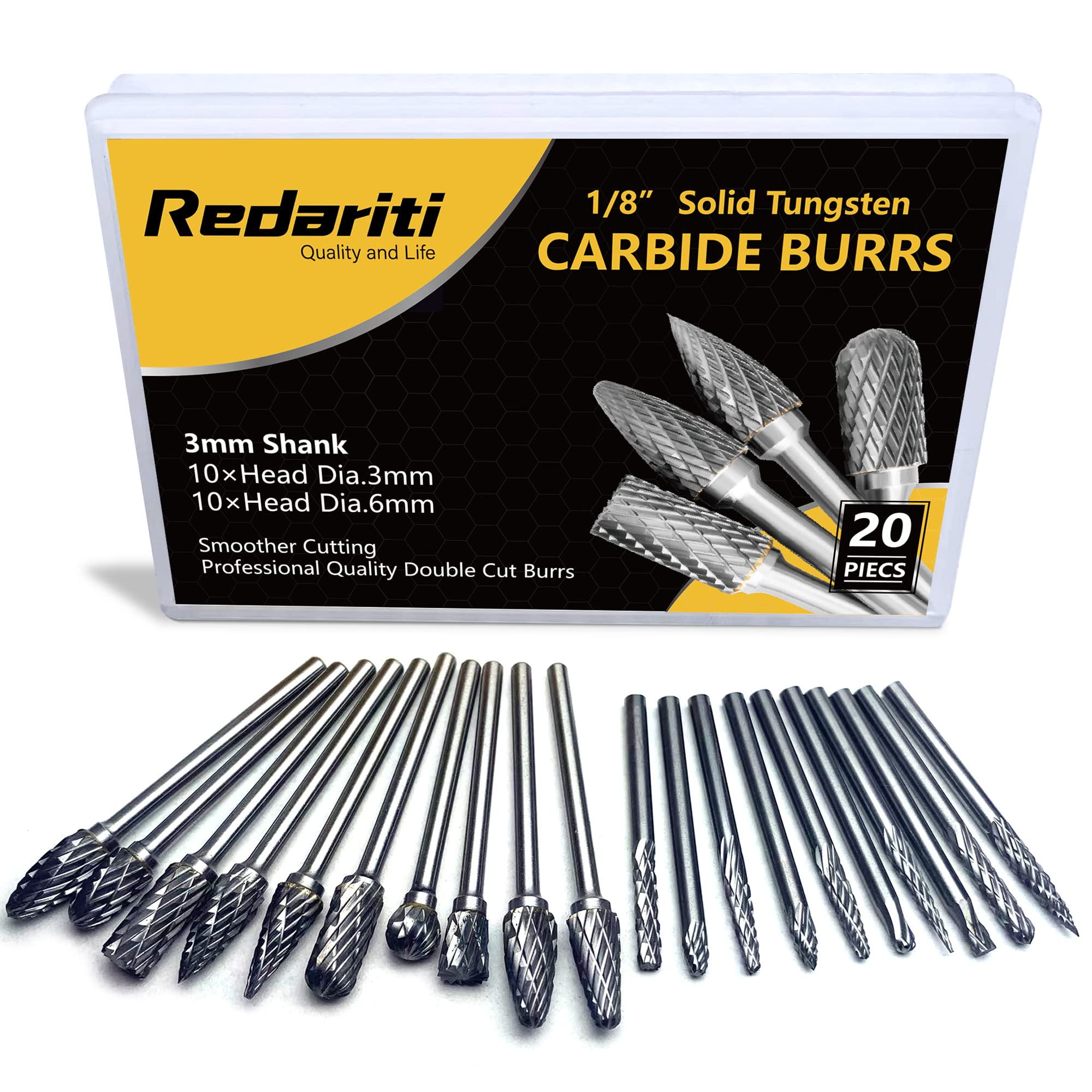 Photo 1 of Carbide Burrs Set 1/8" Shank (3mm) 20PC, Double Cut Compatible with Dremel Accessories for Metal Wood Stone Steel Grinding Carving Cutting Polishing