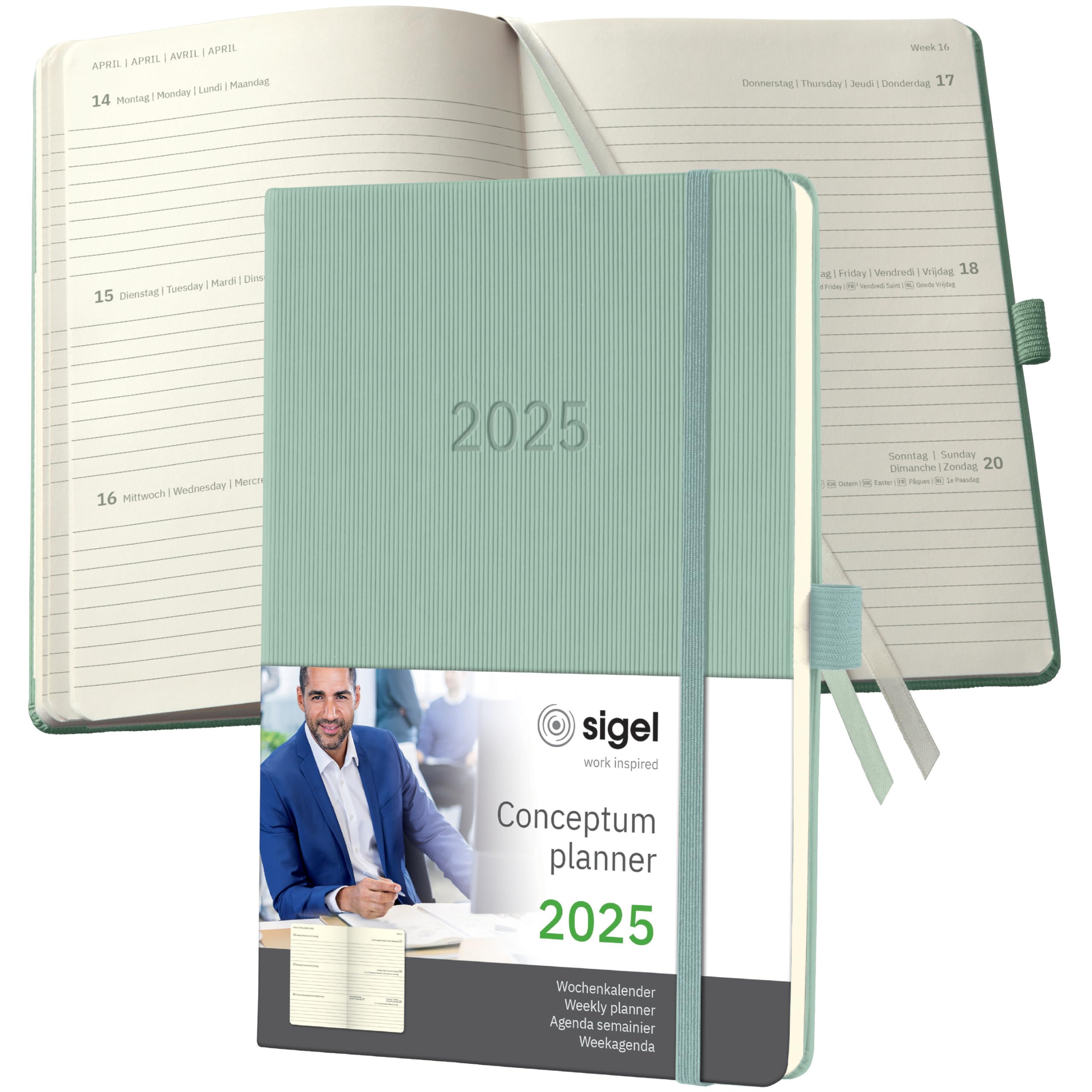 SIGEL C2572 Conceptum Weekly Planner 2025, Approx. A5, Green, hardcover, 2 Pages = 1 Week, 192 Pages