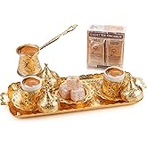 Alisveristime Premium Turkish Coffee Set - 12-Person Turkish Coffee, Cezve, 2-Person Cups, Delight Bowl, and Tray (4 Colors) (Gold)