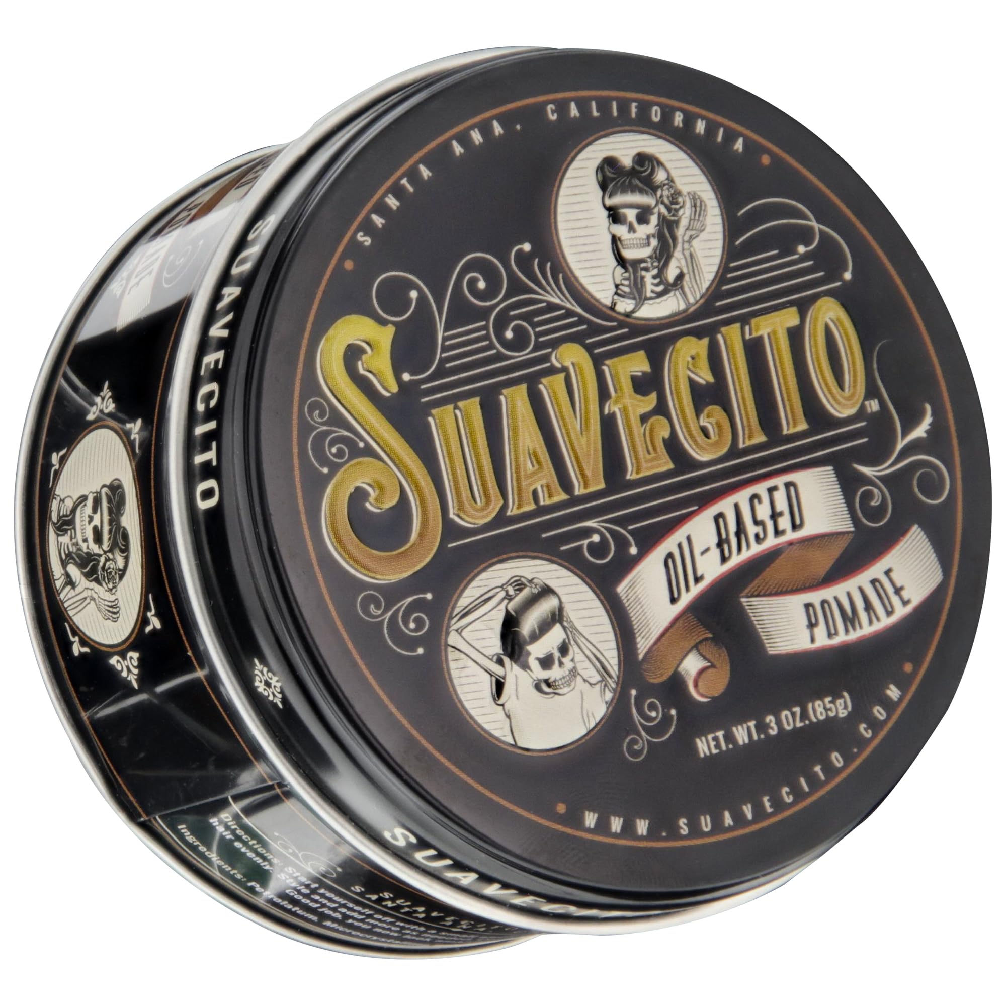 Suavecito Oil Based Pomade 3 oz Tin - Original Scent Hair Styling | Long Lasting Hold | Healthy High Shine | For All Hair Types | Smooth Slickback To Pompadour Rockabilly Style