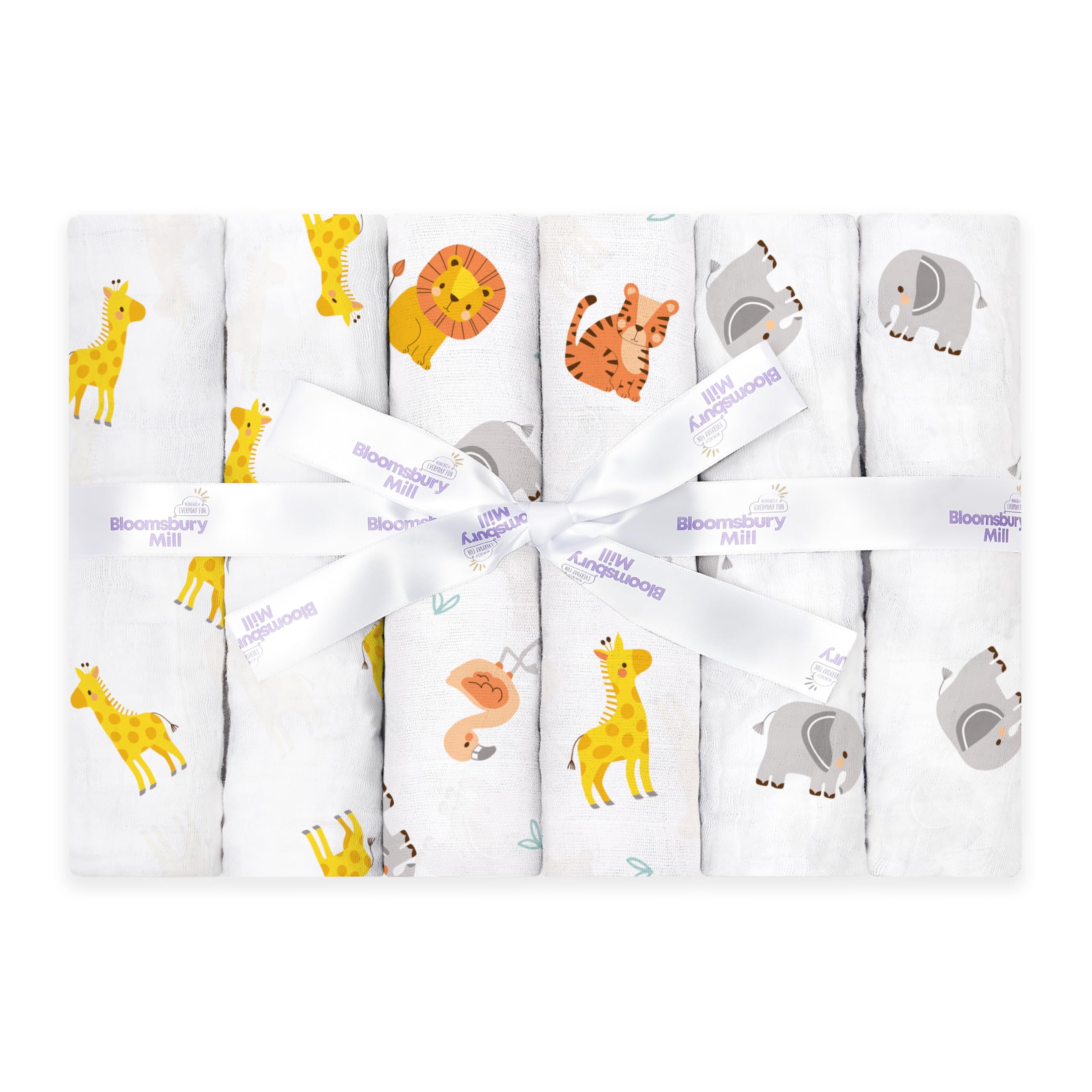 Bloomsbury Mill - Muslin Cloths for Baby - Soft 100% Organic Cotton Muslin Squares - Baby Muslins Pack of 6 - Large Burp Cloths - Essentials For Newborn - Safari Animals - 70x70cm