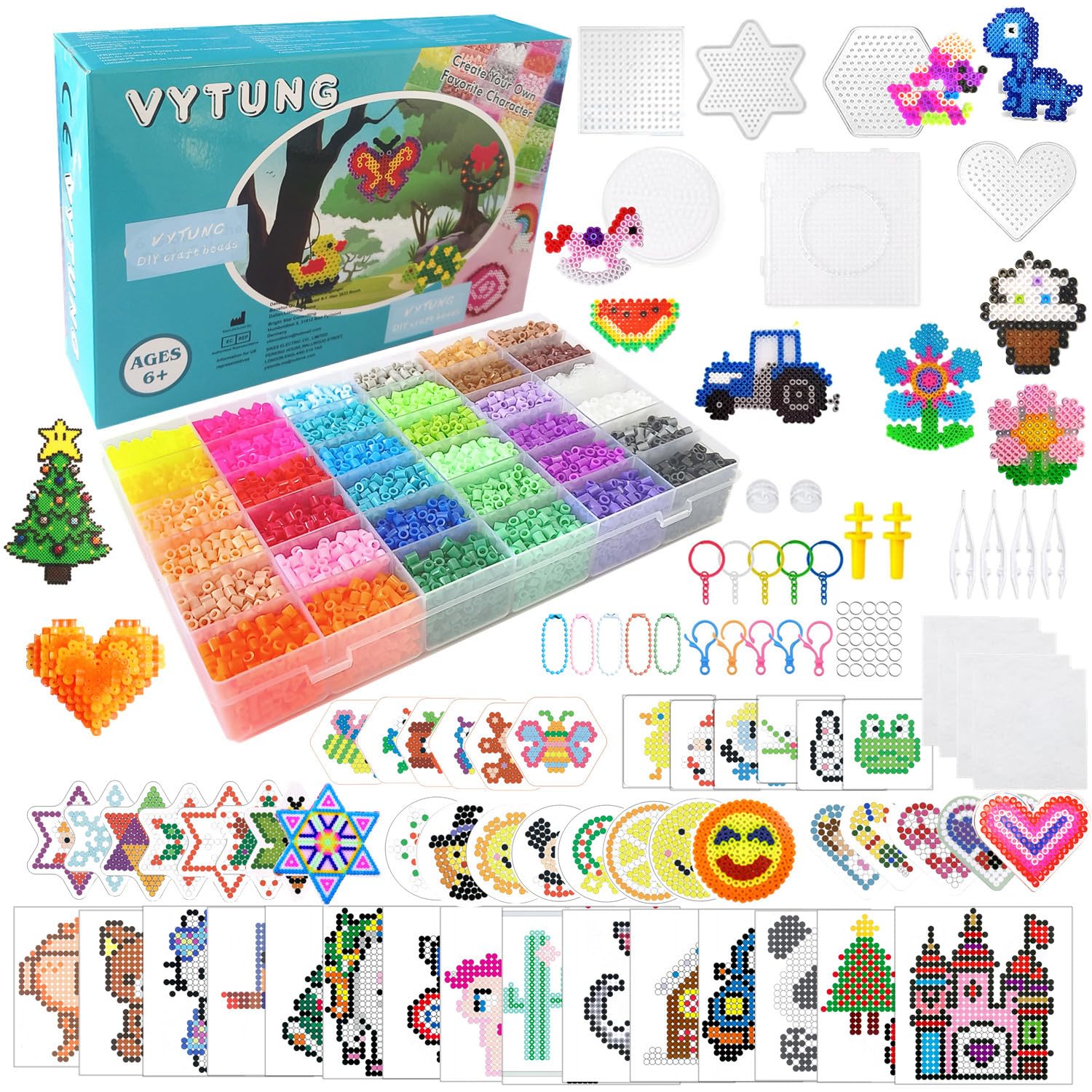 Vytung 13000pcs Fuse Beads Kit 36 Colors 5mm,220 Pattern Cards 6 Pegboards,Fuse Beads Set for Kids,Plastic Beads and Iron for Fuse Bead Set,Keyrings Fuse Bead Craft Kit for Boys Girls DIY Crafts