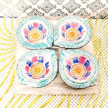 Diwali Diya: Flower Basket Diwali Diya Set of 4 | Handmade | Earthen Clay Terracotta | Decorative Diya | Festival Diya Oil Lamps | Multicolor