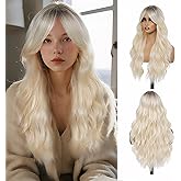Long Wavy Ombre Blonde Wig with Curtain Bangs for Women 26 Inch Blonde With Dark Roots Synthetic Heat Resistant Wig Natural Looking Wavy Hair for Daily Use, Party, Halloween, Cosplay