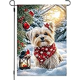Merry Christmas Yorkie Dog Garden Flags 12x18 Double Sided, Small Burlap Outdoor Vacation Farmhouse Rustic Snow Garden Flag Winter Xmas Decorations Yard Lawn Flags for Outside Home