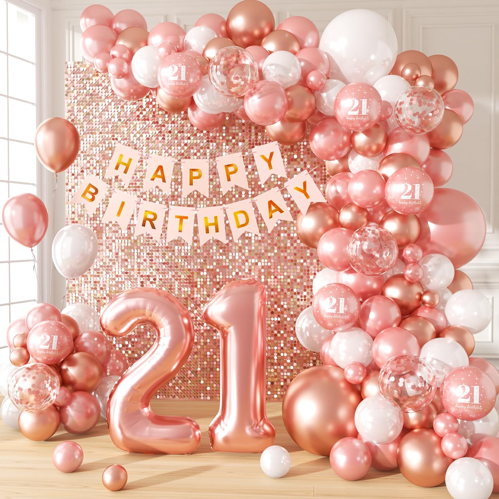 Photo 1 of 123pcs 21st Birthday Decorations, 21st Birthday Decorations for Her with Banner Rose Gold Pearl White Confetti Balloons for Party Decoration