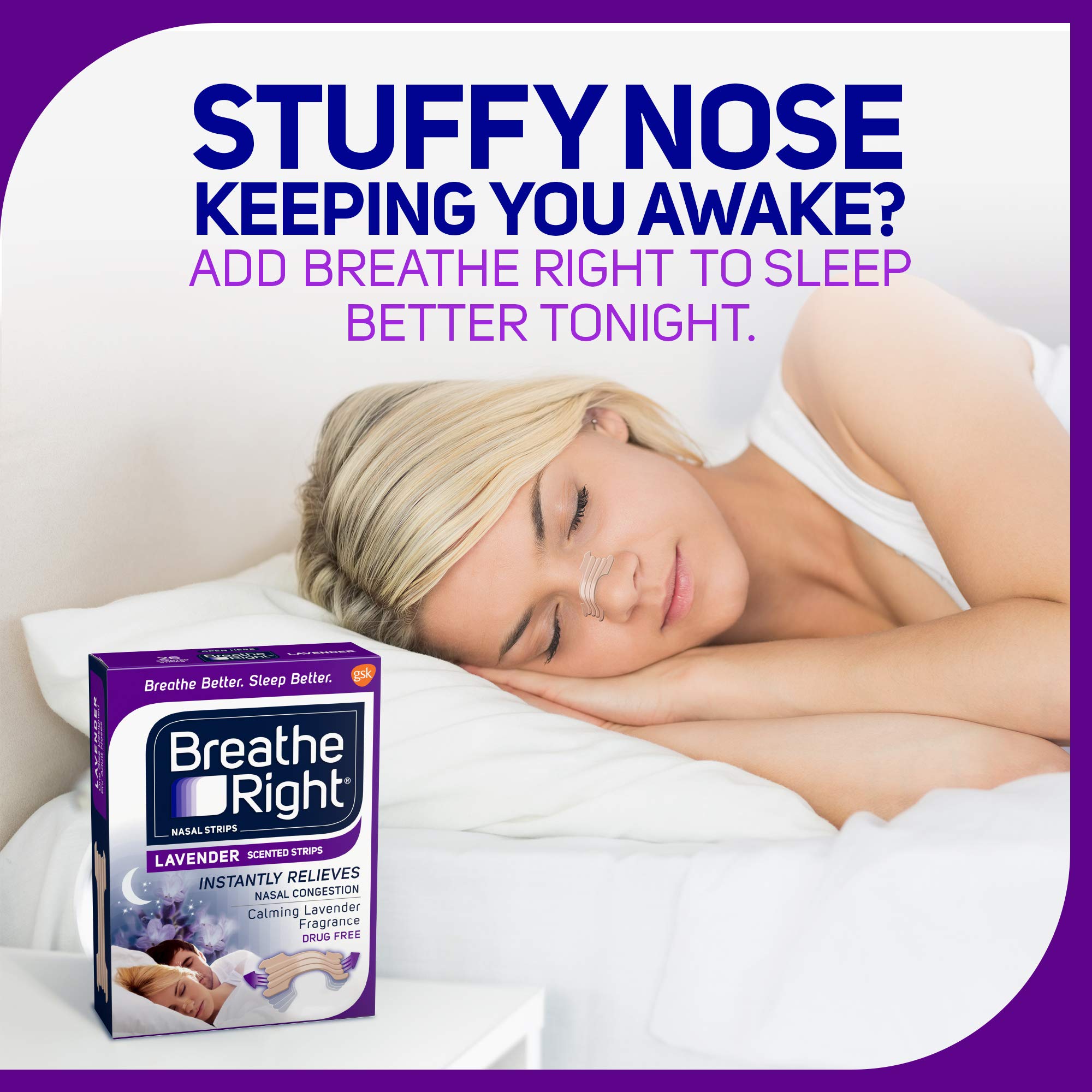 Breathe Right Original Nasal Strips Clear Sm/Med & Nasal Strips Lavender Scent Extra Strength Tan Nasal Strips