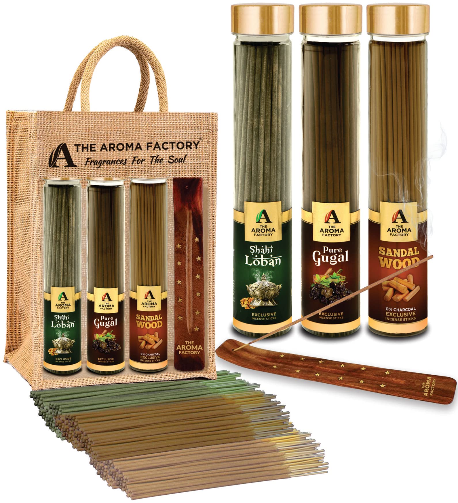 The Aroma Factory Organic Incense Sticks (Loban, Gugal, Sandalwood) No Charcoal | Non Toxic | Fresh Natural Exotic Fragrance | Herbal Aromatic Pooja Agarbatti, 3x100g Jute Gift Set with Wooden Holder