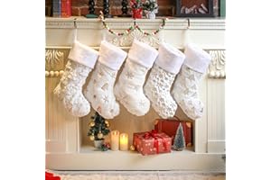AMORITA White Christmas Stockings Set of 5 - Lage Elegant Xmas Stockings with Golden Christmas Tree Snowflake Designs, Fluffy Grey and White Christmas Stockings for Holiday Party Decorations 20 inch