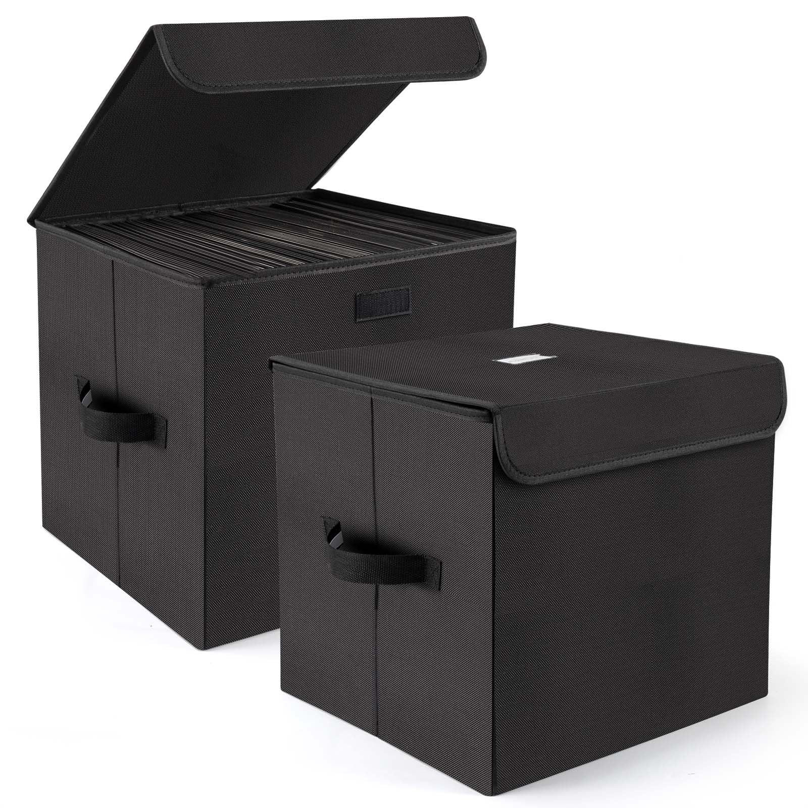 alavisxf xx 12-inch Vinyl Record Storage Box, Nylon Foldable and Stackable Set of 2 Vinyl LP Storage Organizer Case with Lid and Handles Can Hold 180 Single Record (12-inch)
