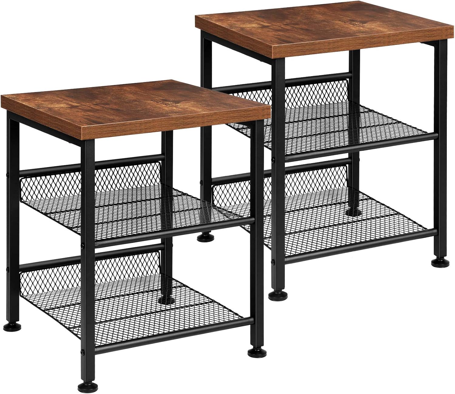 Tomcare 2 Pack End Table Nightstands 3 Tier Side Tables Set Night Stands with Metal Mesh Storage Shelves Industrial Night Tables with Metal Frame Solid Wood Small Tables for Living Room Bedroom: Home & Kitchen