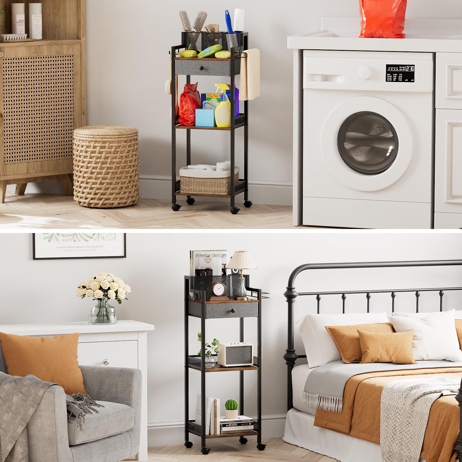 FURFUN Bathroom Shelves with Drawer, 3 Tier Metal Rolling Standing Unit Storage Organizers with Toilet Paper Holder, Multifunctional Floor Corner Rack for Cosmetic, Dryer Curling Irons 12.8in Wide