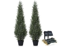 OAKRED Artificial Cedar Topiary Trees for Outdoors 4ft Fake Cypress Plants with Solar Light String, Faux UV Resistant Plants for Home Front Porch Decor，Set of 2